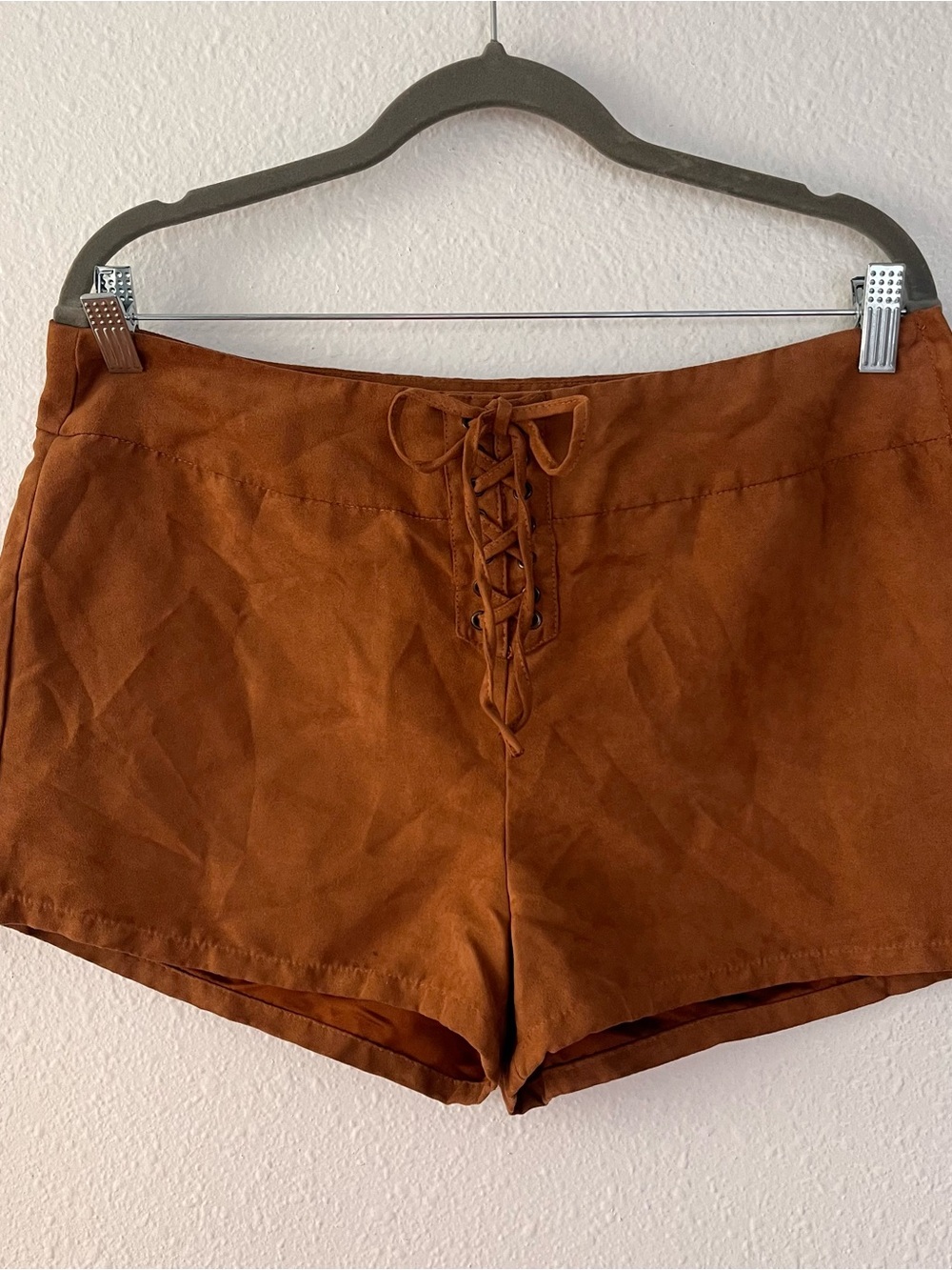 Timing Camel Faux Suede Lace-Up Shorts Festival Western Boho High Rise Sz L